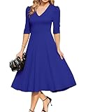 MAKABO Women's Church Royal Blue Dresses for 2025, Cocktail Flared Dress 3/4 Sleeve for Tea Party Old Money Midi Evening, M