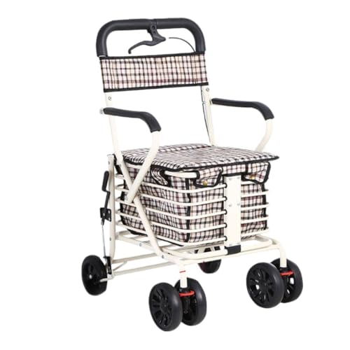 Andula高齢者向けショッピングカート 折りたたみ式 鉄製 軽量 シルバーカー 歩行補助 買い物用 6輪 座れる 押せる耐荷重は200kg (ベージュ)