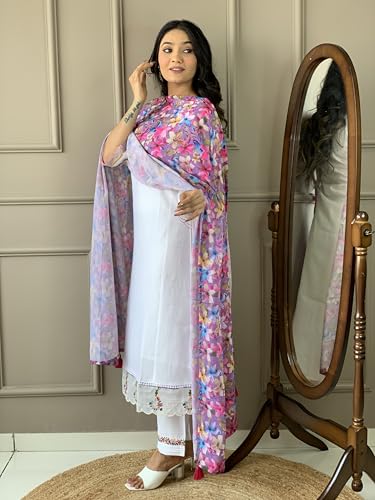 Image of Women's Kurta Set with Floral Print Dupatta, White and Purple