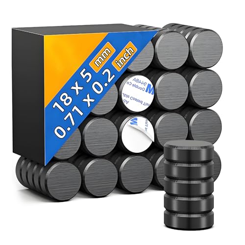 Paquete de 50 imanes redondos negros de 18 x 5 mm con respaldo adhesivo, discos magnéticos autoadhesivos fuertes para nevera, manualidades y uso en la oficina en casa