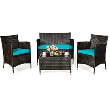 Alternative view of HAPPYGRILL 4-Piece Patio Furniture Set Rattan Wicker Conversation Set with Cushioned Sofa and Coffee Table for Outdoor Backyard Garden Poolside