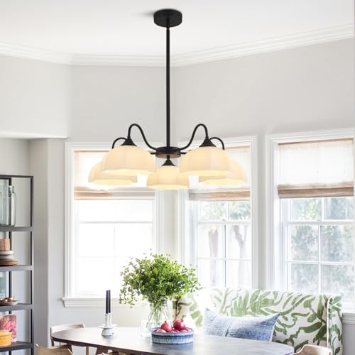 Image of Vintage Black Sputnik Chandelier 5-Light Metal Semi Flush Mount Chandelier Fixture with White Dome Glass Shade Modern Ceiling Pendant Lights for Living Room Bedroom
