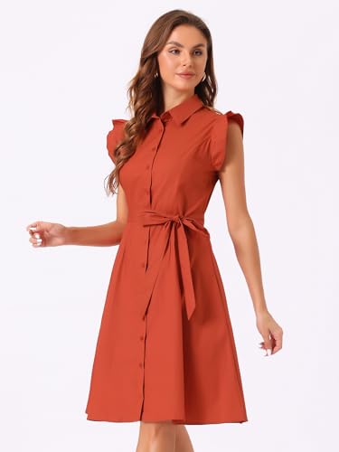 Image of Allegra K Women's Ruffled Sleeve Casual Office Dress Tie Waist Button Down Cotton Shirt Dresses