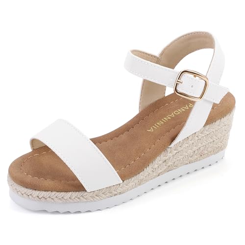 PANDANINJIA Girls Wedge Sandals Platform Espadrille Little Big Kid Girls Heels Open Toe Summer Dress Shoe Size 4 White Pu