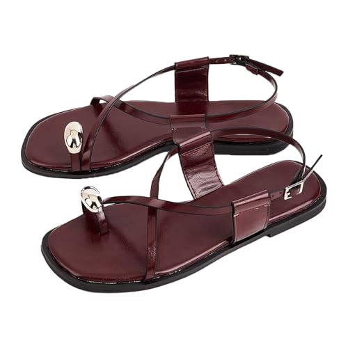 Women's Leather Metal Toe Ring Strappy Flat Sandals Fashion Square Open Toe Clip Toe Comfortable Slip On Slingback Walking Sandals For Summer Beach Leisure Daily