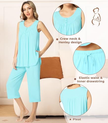 Image of NACHILA Pajamas for Women-Viscose Made from Bamboo, Sleeveless Pjs Top and Capri Pants Pajama Set Cool Pleated Sleepwear
