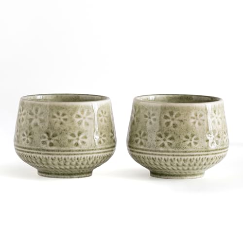 Buucup Ceramic Arts Traditional Japanese Tea Cups, Matcha Tea Cup 240ml with Cherry Blossom Design, Handcrafted Japanese Style Tea Mug for Matcha Latte Green Tea (green)