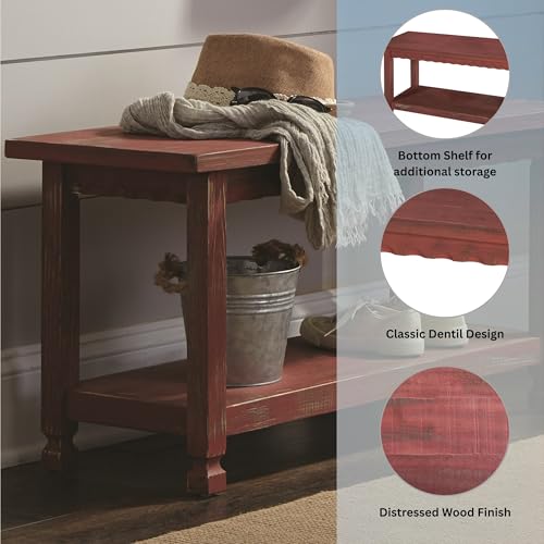 Alaterre Furniture Rustic Cottage Bench with 1 Shelf - Farmhouse Style & Functional Design - Red Antique - Entryway Furniture, 36 in. W x 14 in. D x 18 in. H - Solid Wood, Natural Finish & Whitewash