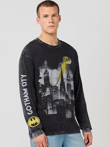 Image of Bewakoof X DC Batman Men's Cotton Printed Oversized Fit Full Sleeve Round Neck T-Shirt | Casual Wear | Street Wear | Oversized t Shirt for Men Cotton | Baggy
