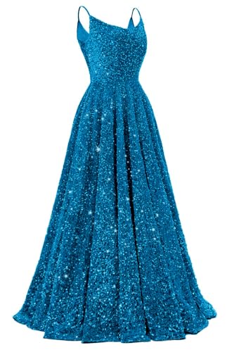 Tianzhihe Long Sequins Spaghetti Straps Prom Dress for Women A-Line Backless Evening Dresses...