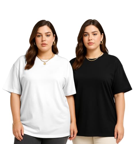 Image of JUNEBERRY 100% Pure Cotton Oversized Baggy Fit Drop Shoulder Solid Core Plus Size T-Shirt Combo for Women (Pack of 2) (Sizes from: 2XL to 5XL)