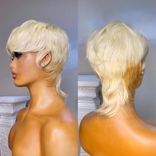 MGOKEMAY Short Pixie Cut Wig for Women Layered Blonde #613 with #30 Light Brown Synthetic Wig None Lace Frontal Mullet Wigs High-light Colored Throw On and Go Wigs