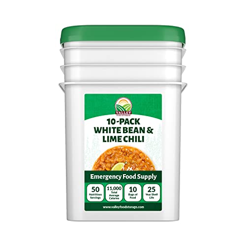 Image of Valley Food Storage White Bean & Lime Chili | 10-Bag Bucket, 50 Servings | Premium Emergency Food Supply, 25 Year Shelf Life | Survival Meal Kits, Prepper Food & Off-Grid Living Supplies, Packaged in USA