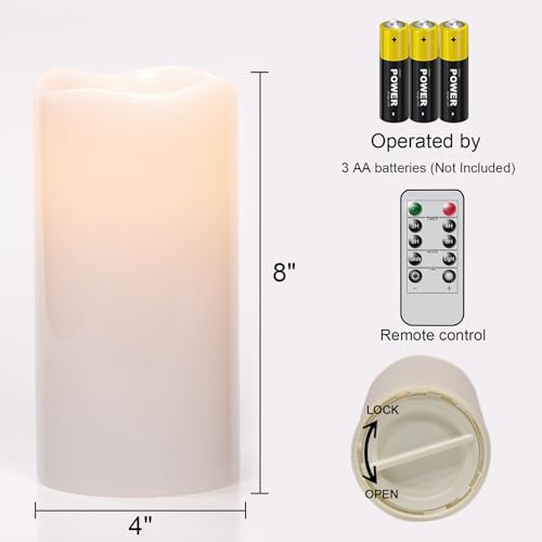 Image of Eldnacele 8 inch x 4 inch Waterproof Outdoor Large Flameless Candles Remote and Timer, Battery Operated White Plastic LED Flickering Pillar Candles 2 Pack Dinner Wedding Porch Garden Lanterns Home Decor