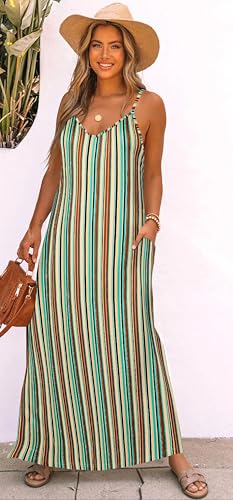 Image of Bluetime Women Summer Spaghetti Strap Maxi Dress V-Neck Sleeveless Flowy Boho Floral Beach Long Dress with Pockets