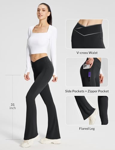 baleaf Women's Flare Leggings with Zipper Pockets Crossover High Waist Bootcut Yoga Pants Tummy Control Bell Bottom Leggings3