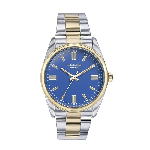 Sonata Analog Poze Quartz Blue Dial Gold+Steel Metal Strap for Men-Sp70033Bm01W