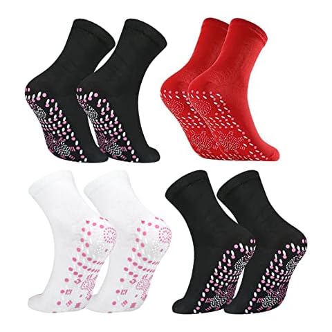 Alftek Slimming Socks 4 Pairs Tourmaline Slimming Health Socks, Tourmaline Self-Warming Socks, Slimming Health Socks, Hyperthermia Socks, Foot Massage, Therapeutic Socks, White + Black + Red, One Size Cover
