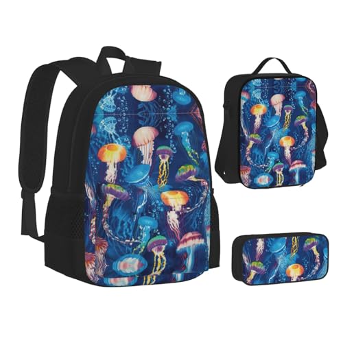 nanger Colored Jellyfish Print 3-Piece Set Backpack, Lunch Bag And Pencil Case, For Travel, College, And Daily Use2