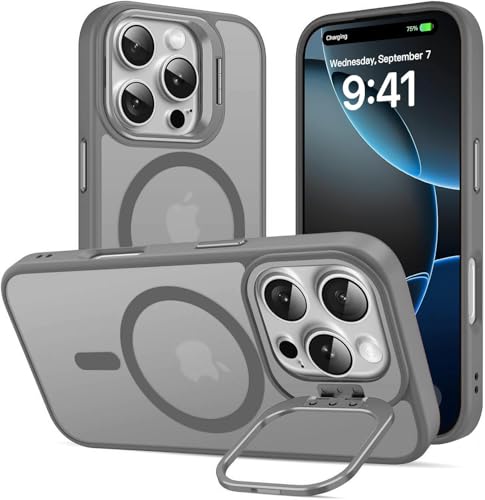 Image of Elzzi PC Kickstand Mag Safe Case For iPhone 16 Pro Max, Built-in Adjustable Camera Stand, Translucent Matte Magnetic Mag-Safe Shockproof Case Phone Cover (Titanium Grey)