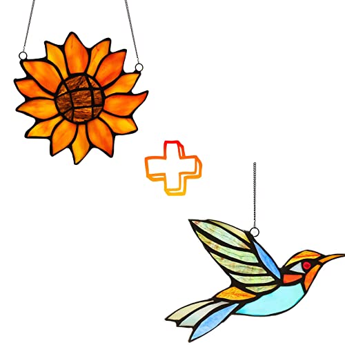 Kleeglee Sunflower + Bird Stained Glass Window Hangings, Handmade Suncatcher Sunflower Stained Glass Window Panels For Window Decor #TOP6