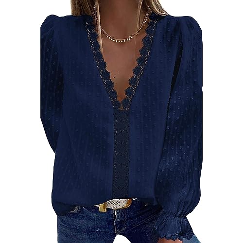 Coloody Femme Tee Shirt Col en V, Manches Longues Loisirs D'été Tunique en Dentelle Jacquard Blouse Amples Caraco Tops Chemisiers à La Mode-LBleu Foncé-L