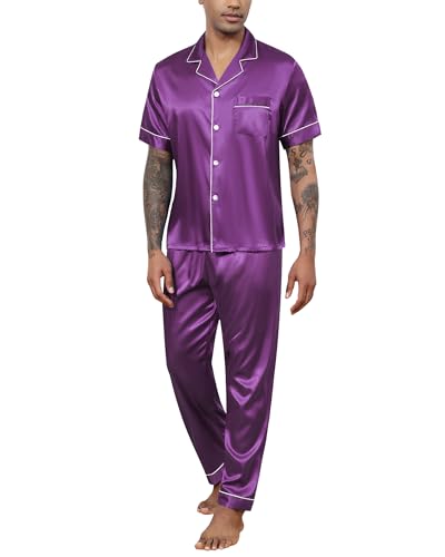 Mens Silk Satin Pajamas Set 2 Piece Classic Pjs Sets Short Sleeve Button Up & Pajama Pants Loungewear Sets