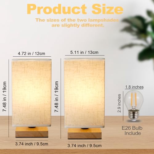 Image of Small Square Bedside Table Lamp for Bedroom set of 2,Minimalist Wood Base & Round Fabric Shade,Mini Cute Cozy Warm Nightstand Boho Lamp, Study Desk Night Stand Light for Room,Dorm,Nursery,Living Room