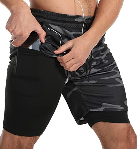 JWJ Men's Running Athletic Workout Sports Mens 2 in 1 Shorts Breathable Gym Short for Men with Pocket, Camo Grey Large