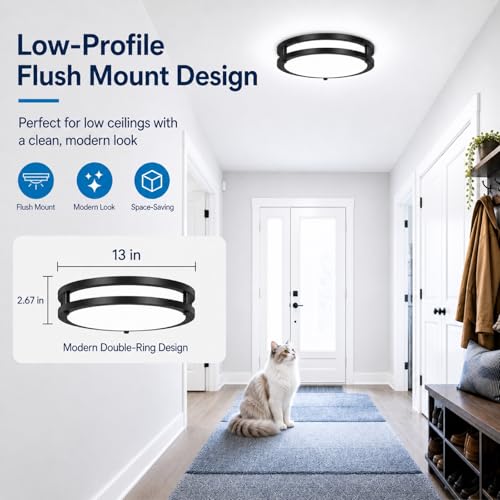 Image of 13Inch 36W Modern LED Ceiling Light Fixtures, 1-Pack Black Dimmable Flush Mount Ceiling Lights 3600lm, 2700K /3000K /4000K /5000K /6500K Adjustable Round led Lamps for Bathroom Bedroom Hallway Kitchen