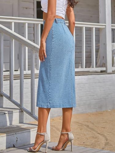 Image of Aahwan Blue Midi Denim Pencil Front Button Side Slit Skirt for Women's & Girl's