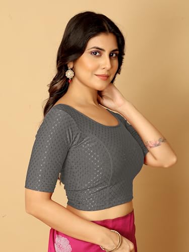 Image of Amazon Brand - Anarva Round Neck Dobby Cotton Lycra Stretchable Elbow Half Sleeve Readymade Saree Blouse for Women Stylish
