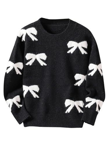 Image of RoseSeek Girl's Bow Graphic Sweaters Crewneck Long Sleeve Knit Pullover Tops Drop Shoulder Knitwear