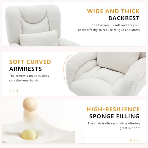 Image of FOXHUNTER Vanity Chair with Wheels Comfy Home Office Desk Chairs with Pillow, 360 Swivel,Adjustable Height Makeup Vanity Chairs for Living Room, Bedroom(Teddy, White-Upgraded Oversized)