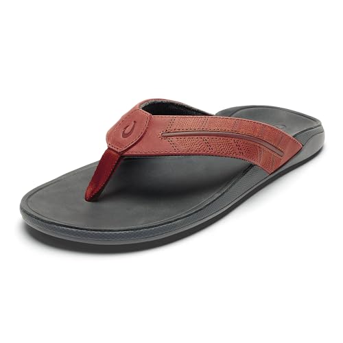 OluKai Tuahine Palm Men's Waterproof Full-Grain Leather Flip Flops, Arch Support Beach Sandals, Wet Grip Outsole for All-Day Comfort, Canoe/Rock, 15 - image 1