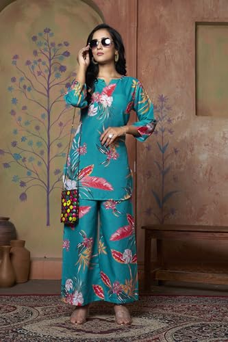 Image of DHRUVI TRENDZ Kurta Sets for Woman | Co ord Set for Women Stylish | Kurti Set for Woman | Short Kurti for Women | Kurtis | Ethnic Floral Straight Kurta Set's with Palazzo Pants