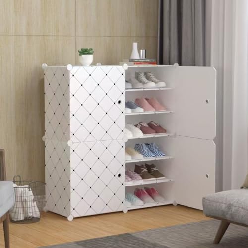 Image of LUVHOMEE Plastic Shoe Rack for Home with Door, 4-Door Shoe Storage Cabinet | 12-Shelfs for 24 Pairs | Waterproof & Portable DIY Shoe Slipper & Chappal Stand for Entryway /Bedroom (White-A6)