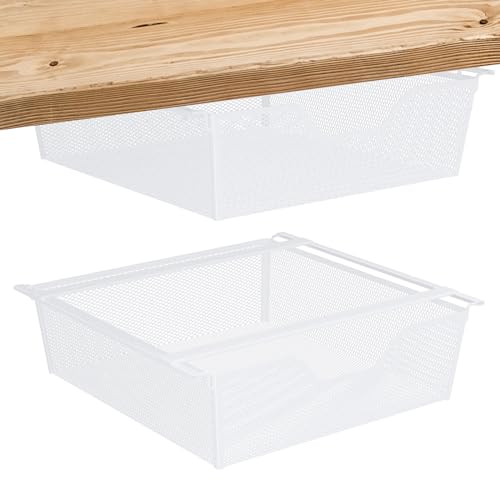 Lot de 2 Panier Suspendu Etagere, Tiroir sous Le Bureau .Sous armoire Tiroir suspendu, maille métallique Panier de rangement Organisateur pour cuisine, bureau, penderies, Blanc