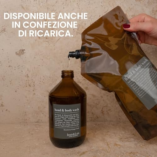 Jean & Len Saopne Mani E Corpo Rosmarino E Zenzero,Cura La Pelle,Profumo Fresco E Speziato, Lavaggio Mani E Doccia, Sapone Liquido Senza Siliconi, Parabeni E Microplastiche, Flacone Di Vetro Da 500 Ml - 6