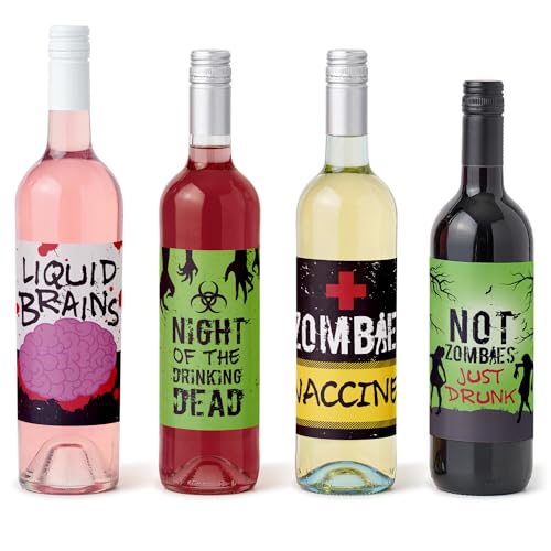 Decoraciones de fiesta de Halloween: 4 etiquetas de Zombie Zone para botellas de vino de adultos