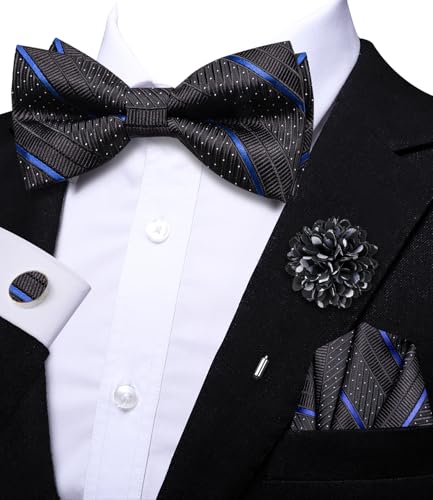 Image of Hi-Tie Bow Ties for Men Pre-Tied Pocket Square with Cufflinks Mens Bowtie Sets for Wedding Formal Party