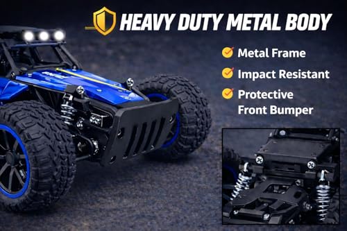 Image of TEC TAVAKKAL Premium RC Metal Off-Road Car with Mist Spray | Rechargeable 2WD | 20 km /h Speed | Type-C Charging | Gun Remote | 150+ Feet Range (Blue)