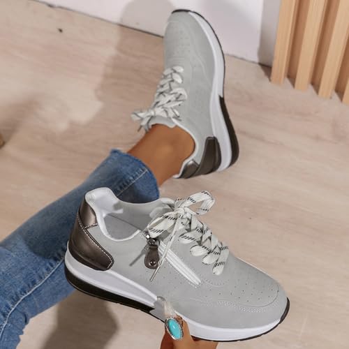Women's Casual Zipper Platform Tennis Shoes Fashion Hidden Wedge Heel Sneaker Non Side Low-Top Lace-Up Solid Color with Comfor Walking Shoes4
