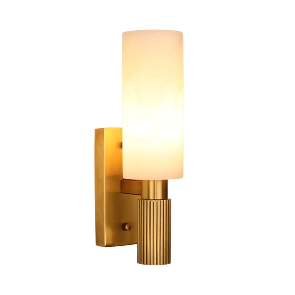 HUAYUSEDF Alabaster Wall Sconce- E14 Modern Lamp 13.39” Gold Frame with Natural Marble Shade Lights Cylinder Spain Vanity for Bedroom Hallway Bathroom Fireplace Staircase