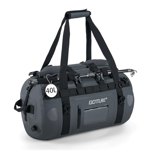 Goture Motorcycle Dry Bag - 40L Waterproof Duffle & Luggage Tail Bag Saddle Bags with Transparent Pocket, Roll Top Closure, Fishing Rod Holder, Shoulder Straps, Reflective Strips and Mesh Pocket