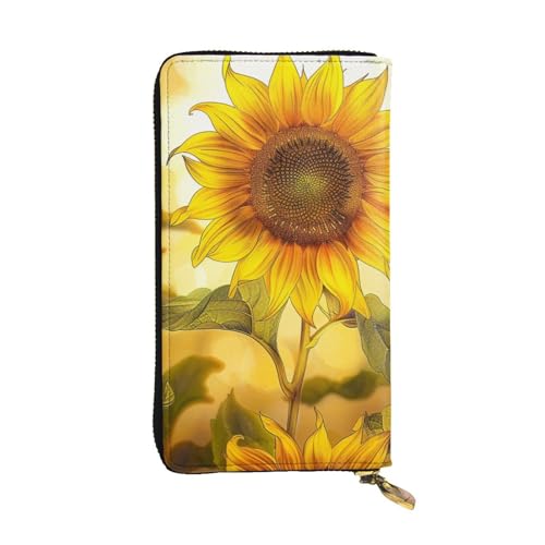 Portefeuille en cuir pour femme noir imprimé tournesol avec porte-cartes intégré