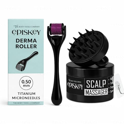Image of Episkey Professional Derma Roller 0.5 mm with 540 Titanium Micro-Needles for Hair Growth, Beard Activation, Skin Rejuvenation (0.5 mm, Derma Roller) with Scalp Massager Brush for Hair & Shampoo | Relaxing Head Massager with Soft Silicone Bristles (black)