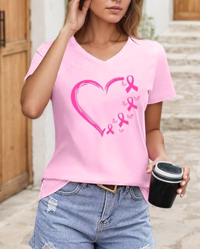 Breast Cancer Shirts for Women Pink Ribbon Awareness Inspirational T-Shirt Breast Cancer Survivor V-Neck Top3