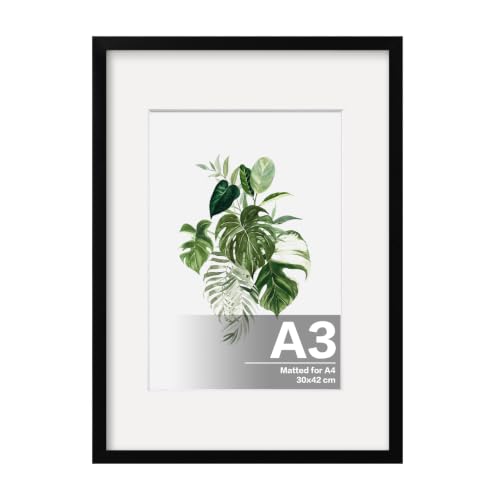 EGOFINE A3 Picture Frame Covered by Plexiglass Display Picture A4 with Mat or A3 without Mat A3 Photo Frame with Real Glass - Horizontal or Vertical for Wall Hanging Black