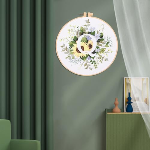 Image of IUHUI Embroidery Kit for Beginners Adults - 26 Floral Letters Easy Patterns, DIY Hand Stitching Embroidery Set with Hoop (Flower and Grass Letter Q)